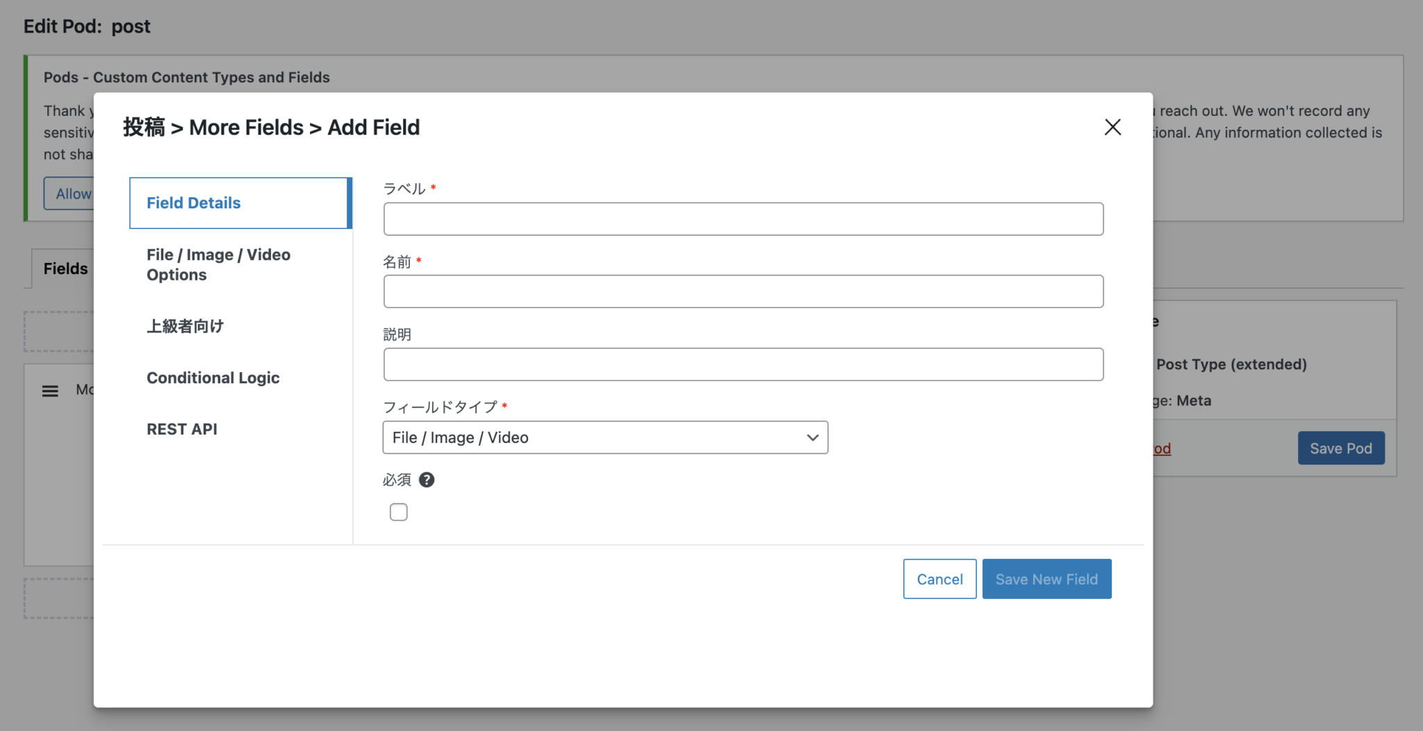 file/image/video optionsの設定画面